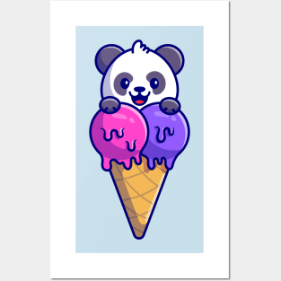Cute Panda With Ice Cream Cone Cartoon Posters and Art
